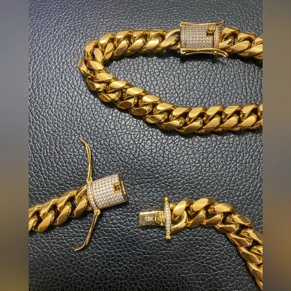 18k CUBAN LINK CHAIN AND BRACELET 18k GOLD PLATED 30" 9.5mm - Picture 16 of 16